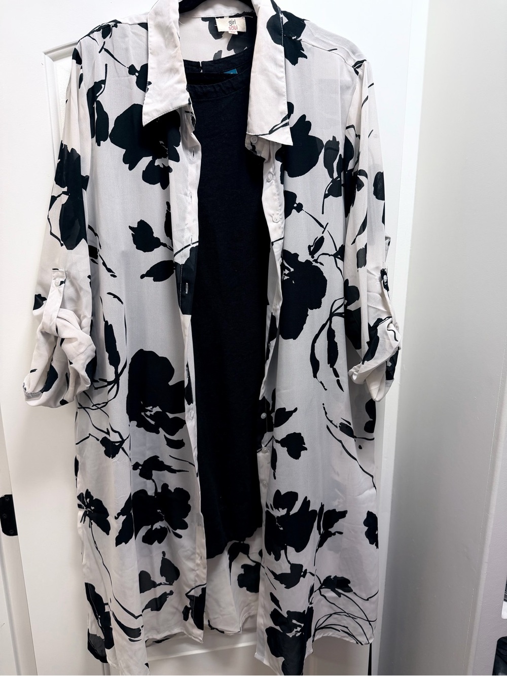 2 Piece Lightweight Black & White Floral Duster & Linen Dress